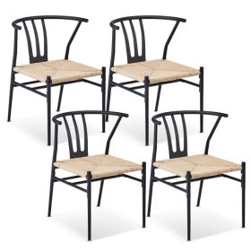 4pcs Rope Braided Black Iron Frame Beige Round Rope Rattan Single Chair 22.8X21.45X28.7inch