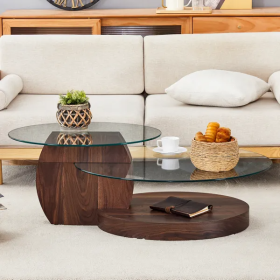 Modern Walnut Grain Double Layer Coffee Table - Versatile Design, Multiple Colors Available.Density Board Sticker,Reinforced Glass,Oval Counterto