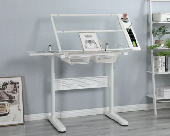 Hand Crank Adjustable Drafting Table Drawing Desk With 2 Metal Drawers  WhiteWITH STOOL
