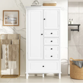 Tall And Wide Storage Cabinet With Doors For Bathroom Office Living Room Indoor, Four Drawers Of Different Sizes, Adjustable Shelves, White