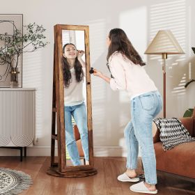 360 Swivel Jewelry Armoire, Lockable Jewelry Cabinet With Full-Length Mirror, Storage Shelves, Rustic Brown