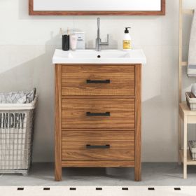 24'' Bathroom Vanity With Ceramic Basin Sink, Modern Bathroom Storage Cabinet With 3 Drawers, Freestanding Bathroom Vanity Cabinet With Single Si