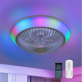 15 Inch RGB Dimmable LED Enclosed Ceiling Fan With Light, Modern Bladeless 6-speed Remote Control Suitable For Bedrooms, Children's Rooms, Partie