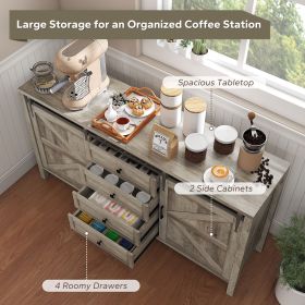59 Buffet Cabinet, Farmhouse Sideboard With Thick Top, 2 Barn Doors, 4 Drawers And 2 Adjustable Shelves, Gray Wash