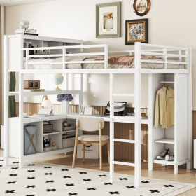Metal Loft Bed With Wardrobe And L-shaped Desk, Full Size Loft Bed With Storage Cubes And Shelves, Heavy Duty Loft Bed For Kids Teens Adults, Whi