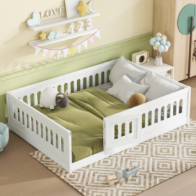 Full Size Floor Bed With Heightened Safety Guardrails And Door, Solid Wood Bedframe With Rails For Girls, Boys, Teens, Child Bedroom, Kids Playro (Color: White)
