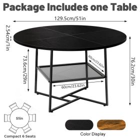 51  Round Dining Table For 4-6  Tiger Stripes-Black Wooden Dining Room Table With Storage Shelf Space Saving Circle Dinner Table With Metal Legs (Option: W13732794)
