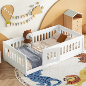 Twin Size Floor Bed With Heightened Safety Guardrails And Door, Solid Wood Bedframe With Rails For Girls, Boys, Teens, Child Bedroom, Kids Playro (Color: White)