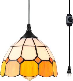 Tiffany Hanging Pendant Light - Dimmable Mini Plug In Light Fixture, Perfect Vintage Swag Ceiling La (Option: YellowWhite)