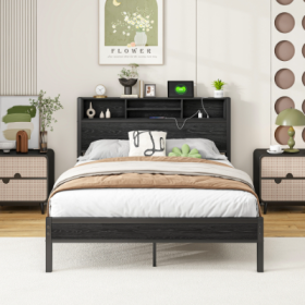 Full Size Bed Frame With Storage Headboard, Metal Platform Bed With Charging Station, Bookcase Storage, No Box Spring Needed, Easy Assembly, Nois (Color: black)